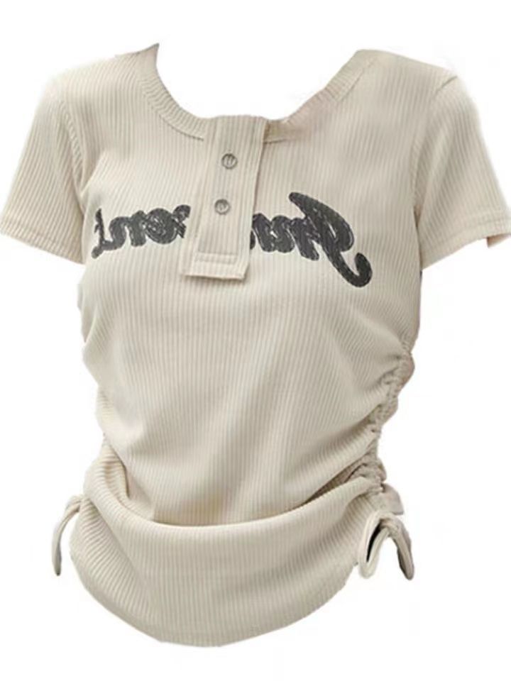 ZH3N knitted pit strip casual short-sleeved drawstring printing hot girl slim shoulder T-shirt top women's summer short section