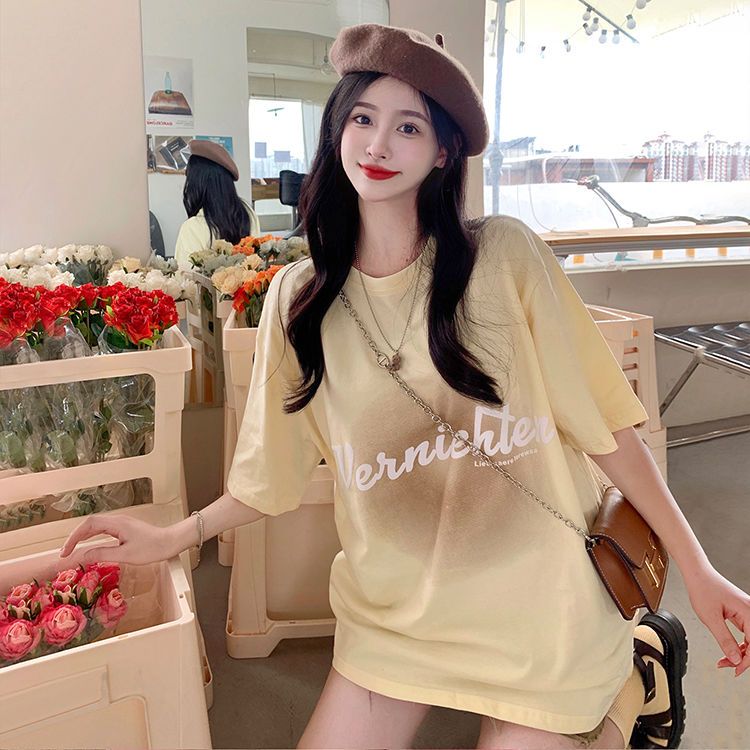 Tie-dye letter T-shirt women's summer Korean version  new printing loose mid-length large version all-match short-sleeved top