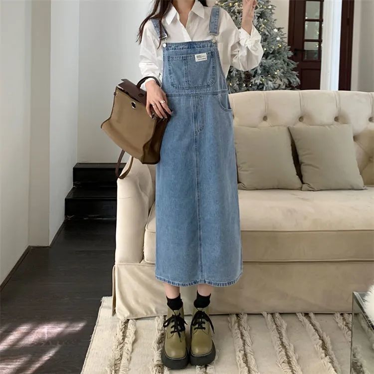 鹽系牛仔背帶裙女春秋新款顯瘦寬鬆中長款吊帶連衣裙設計感ins潮