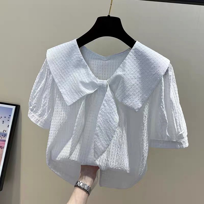 2022 new doll collar tie short-sleeved chiffon shirt girls tops middle and big children Korean version of the minority foreign style small shirt trend