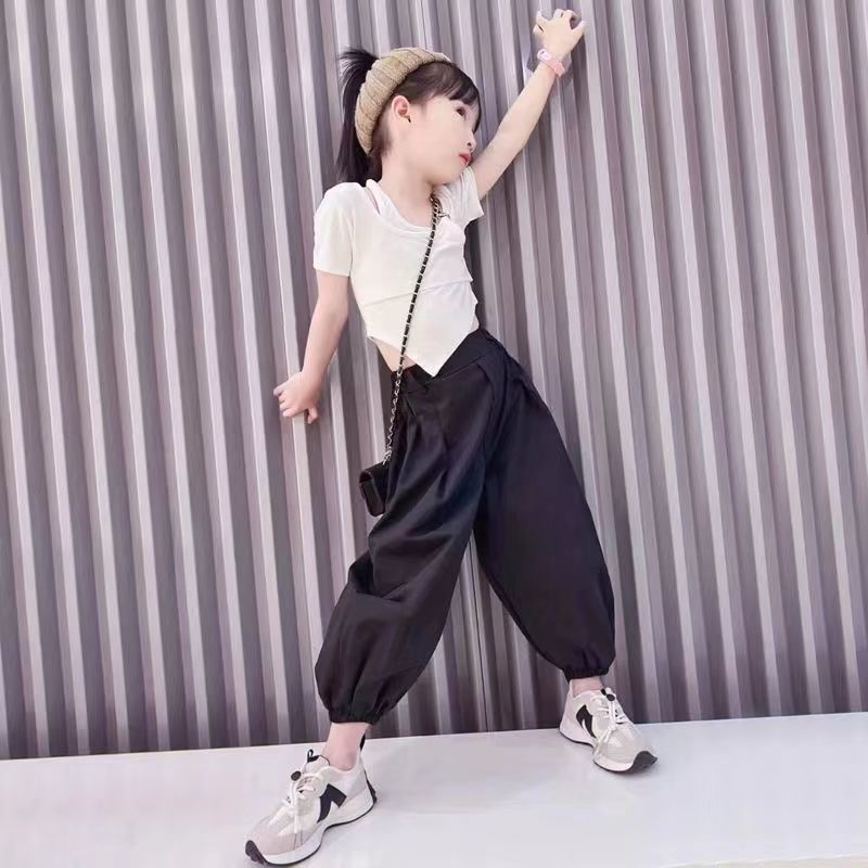 女童夏裝運動套裝2023新款洋氣兒童時髦夏季短袖休閒工裝褲中大童