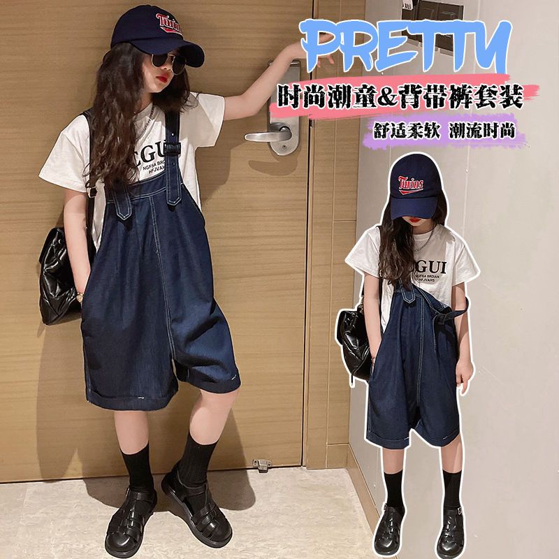 Girls' suspenders shorts suit summer style 2023 new foreign style children's loose girls fashionable jeans two-piece set