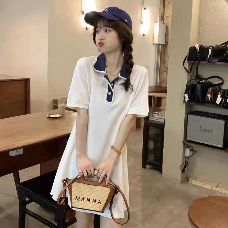 Summer  new Harajuku style color contrast polo collar dress women look thin cover meat cool and cute short sleeve skirt