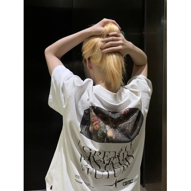 European and American tide brand high street hip-hop oil painting letters short-sleeved t-shirt women's summer loose Hong Kong style ins street half-sleeved top