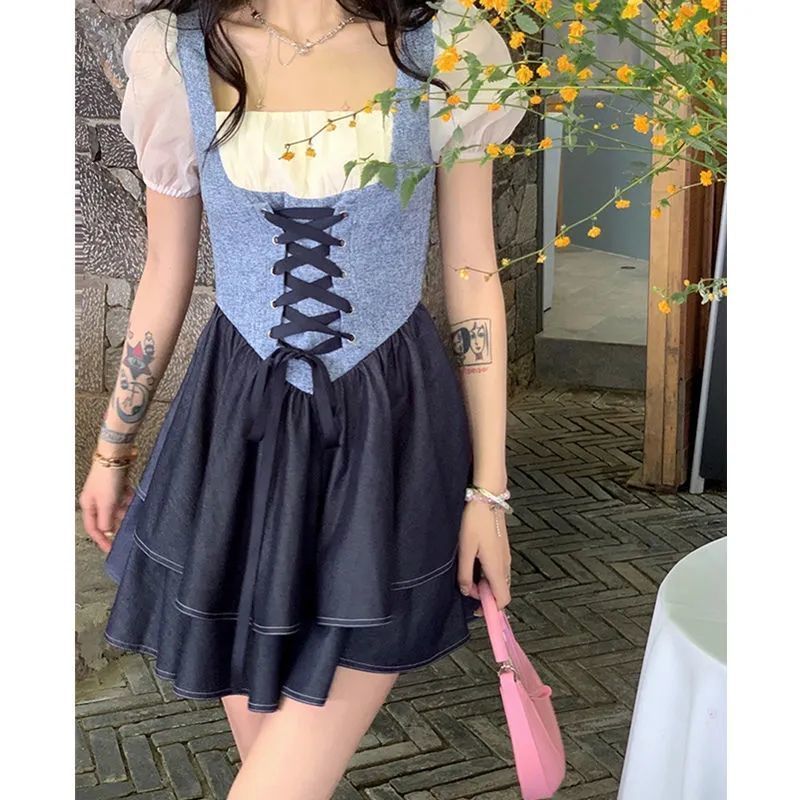 New dress women's summer small fragrance cake skirt waist trendy fake two-piece square collar puff sleeve dress trendy