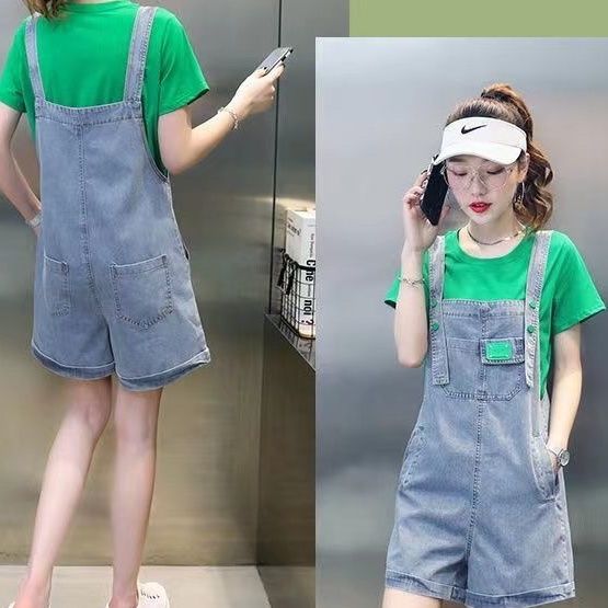 Denim overalls ladies summer 2022 new Korean version loose straight slim fashion shorts ins tide