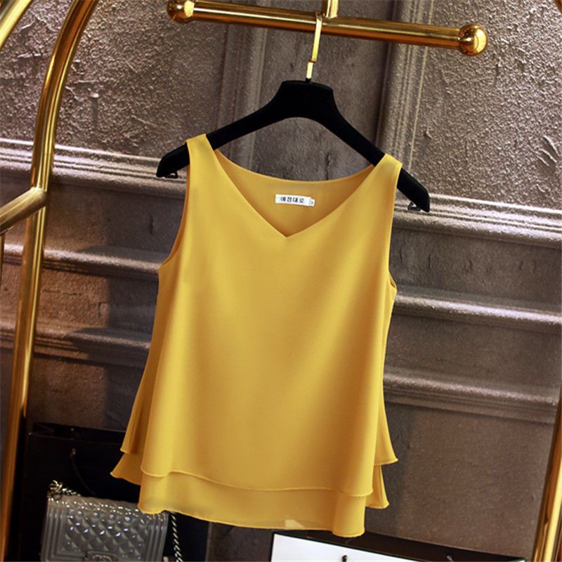 Summer new V-neck vest inside and outside wear chiffon suspenders to cover belly fat mm Korean version loose sleeveless top tide