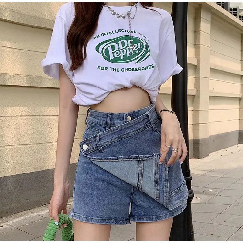 High waist denim shorts bag hip hot girl style 2023 summer suitable for small men irregular splicing skirt pants women