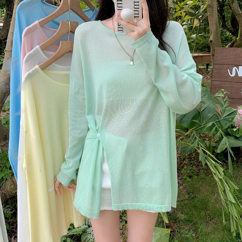 Summer Korean style loose slit design ice silk sunscreen blouse long-sleeved T-shirt for women ins versatile mid-length top