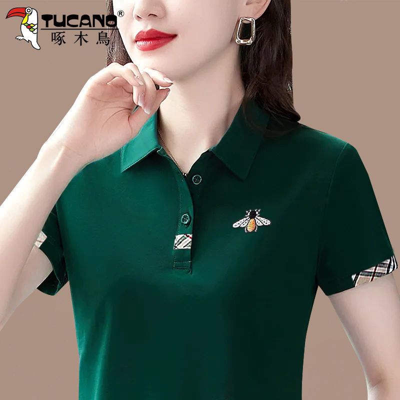 Woodpecker cotton polo shirt short-sleeved t-shirt female mother large size sportswear summer ladies lapel casual top