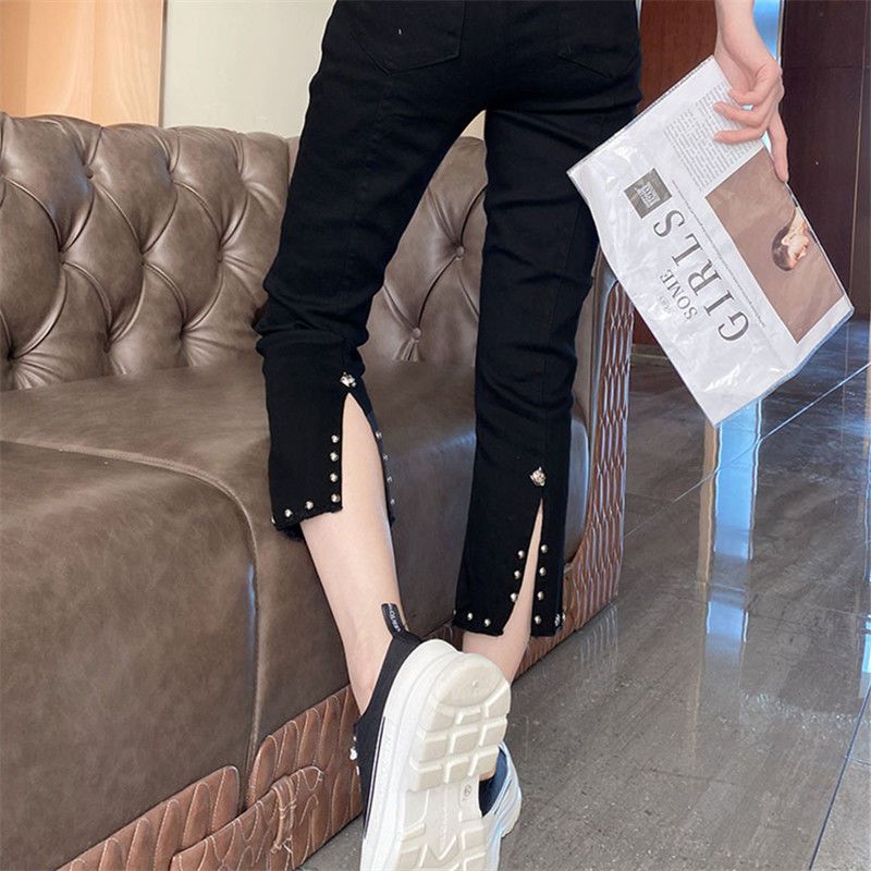 2022 summer new split slim fit foreign style small black pants stretch thin nine point pipe pants women wearing Leggings
