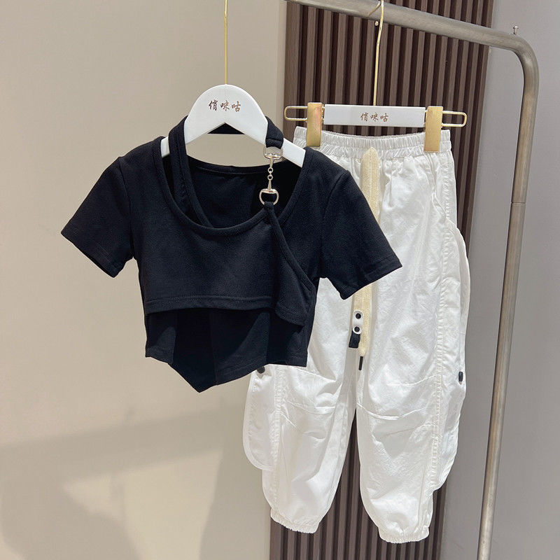 女童夏裝網紅套裝2023新款夏季小女孩短袖工裝褲休閒裝潮酷兩件套