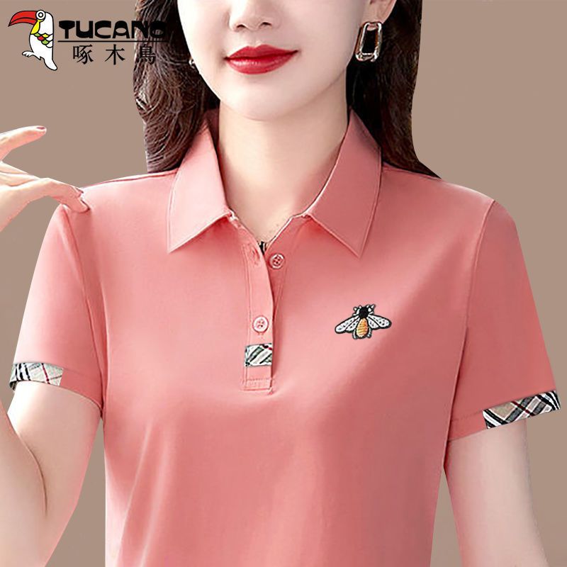 Woodpecker cotton polo shirt short-sleeved t-shirt female mother large size sportswear summer ladies lapel casual top