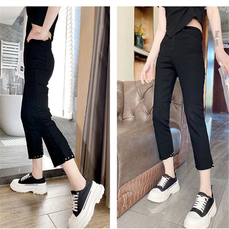 2022 summer new split slim fit foreign style small black pants stretch thin nine point pipe pants women wearing Leggings