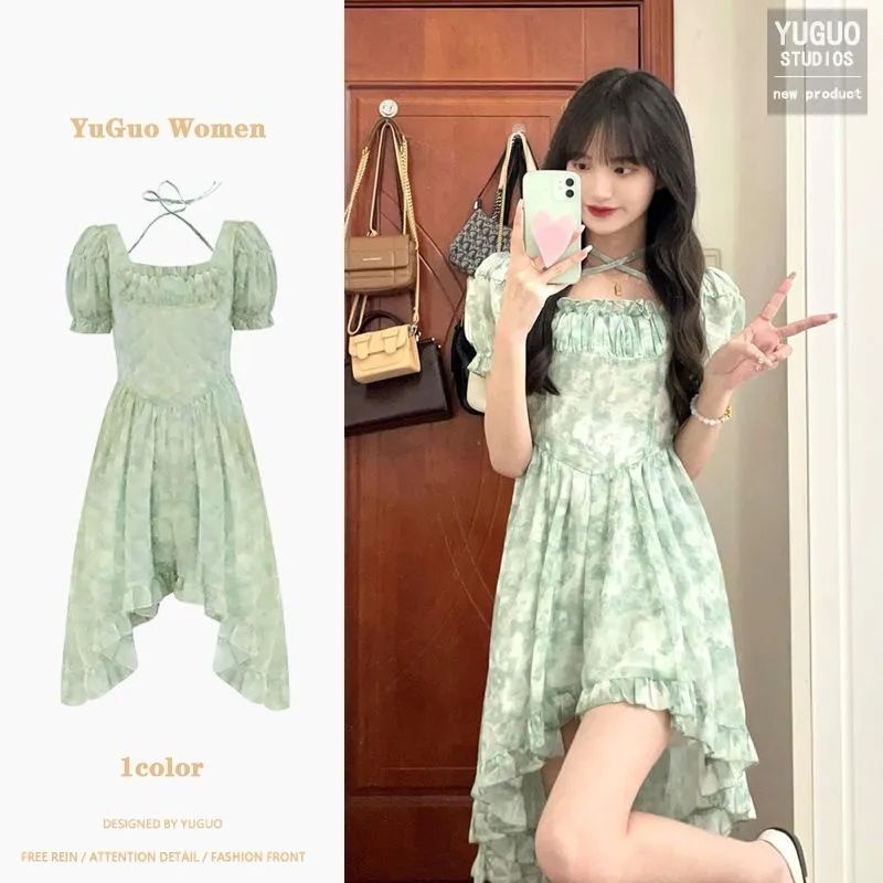 Xiaoxiangfeng French green square collar dress with puff sleeves campus style irregular skirt mid-length floral skirt