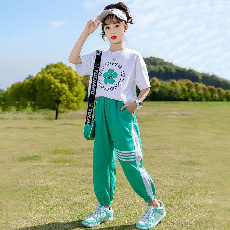 女童夏裝套裝2023新款兒童韓版洋氣時髦運動中大童夏季兩件套