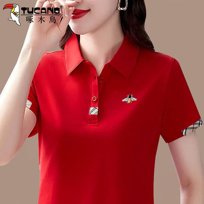 Woodpecker cotton polo shirt short-sleeved t-shirt female mother large size sportswear summer ladies lapel casual top