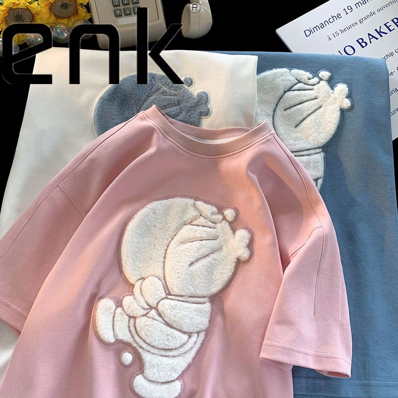 ENK純棉t恤男女夏季寬鬆日系哆啦A夢短袖ins潮設計感小眾情侶上衣