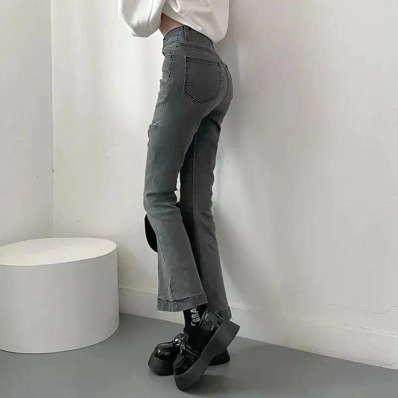 2024春夏设计感辣妹高腰烟灰色牛仔裤女直筒修身显瘦微喇长裤