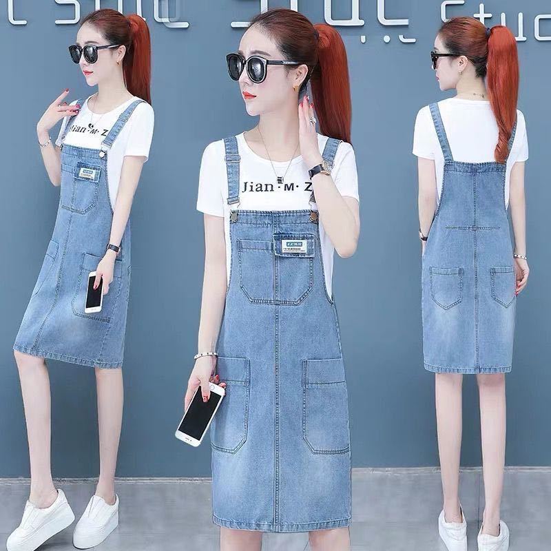  summer new denim suspender skirt women's foreign style age-reducing suit suspender dress skirt small two-piece set