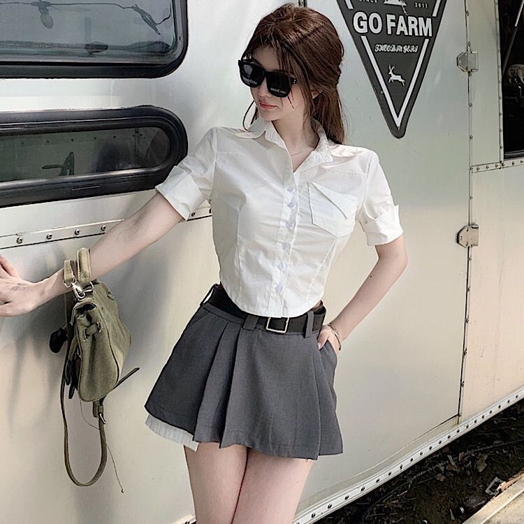 夏日新款女學院風襯衫制服甜美純欲風襯衣修身顯瘦收腰短款上衣潮