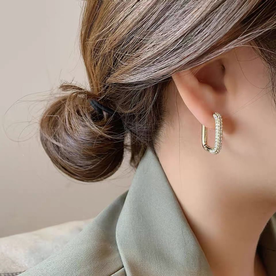 耳环女韩国气质高级感大气网红几何方形耳圈锆石个性耳扣法式耳饰