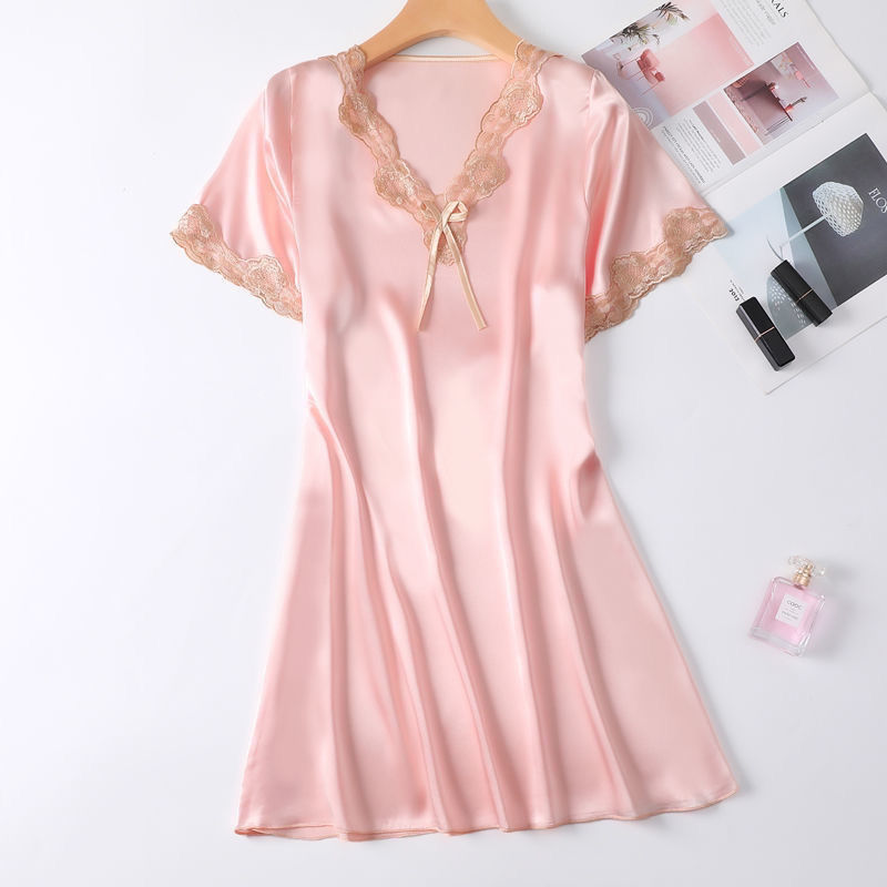 New pajamas women's summer thin ice silk short-sleeved lace Korean version of high-end silk sexy ice silk large size nightdress