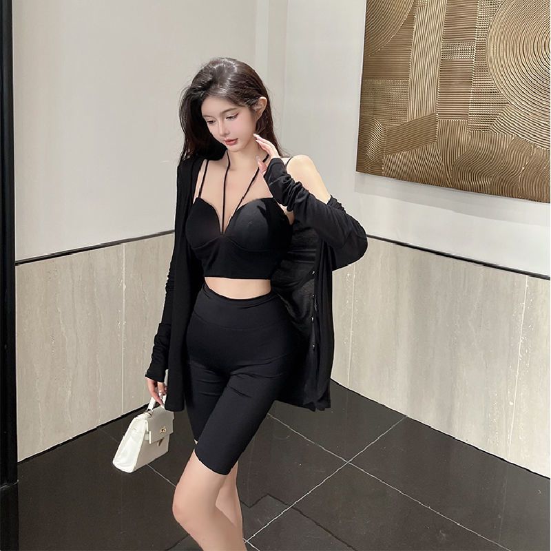 Hong Kong style new black v-neck sunscreen cardigan women's summer thin section with long-sleeved knitted sweater loose sexy top