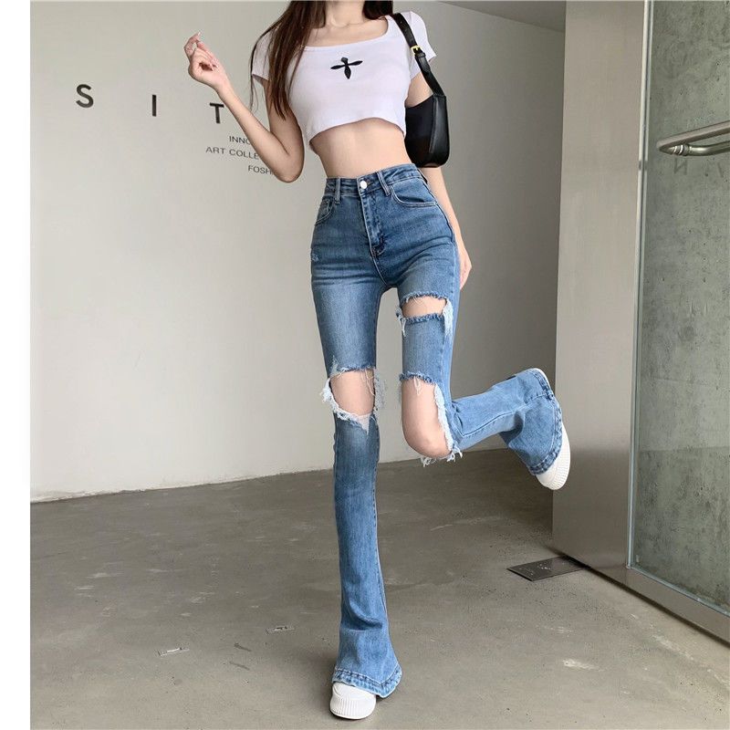 破洞牛仔褲女夏季高腰大碼顯瘦修身馬蹄休閒乞丐褲小個子微喇叭褲