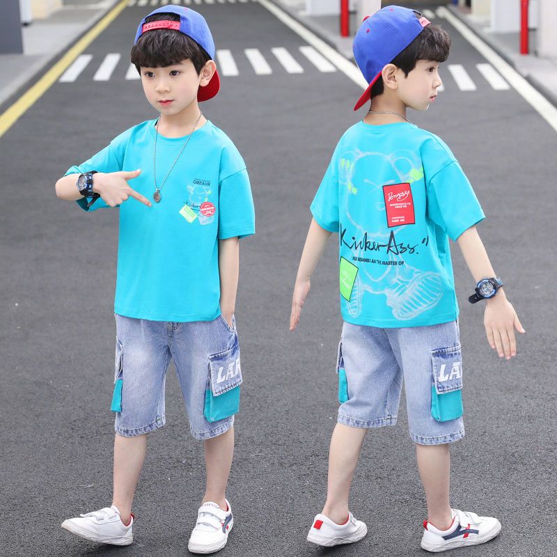 儿童夏装男童套装新品童装中大童短袖网红时髦T恤牛仔中裤两件套