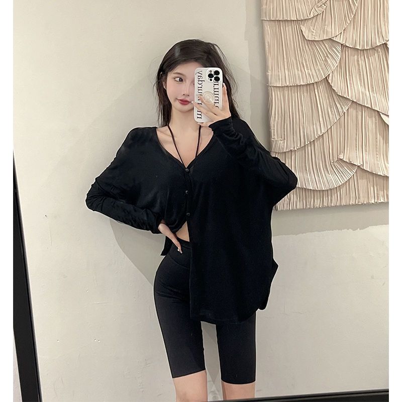 Hong Kong style new black v-neck sunscreen cardigan women's summer thin section with long-sleeved knitted sweater loose sexy top