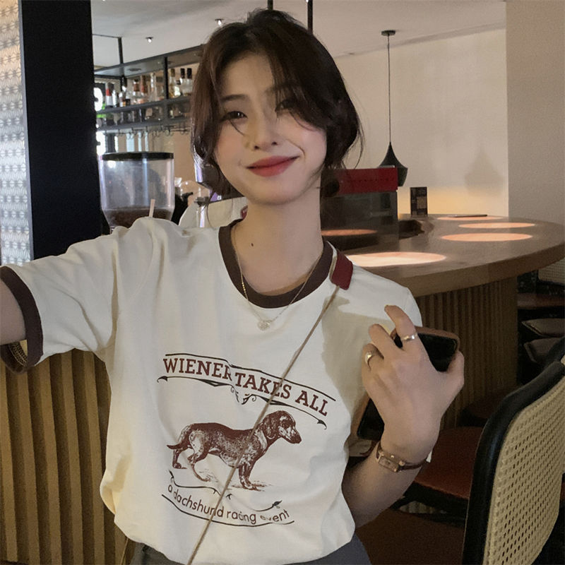 100 pure cotton shoulder t-shirt female American style hiphop short-sleeved hit color design sense niche loose top female summer Korean version