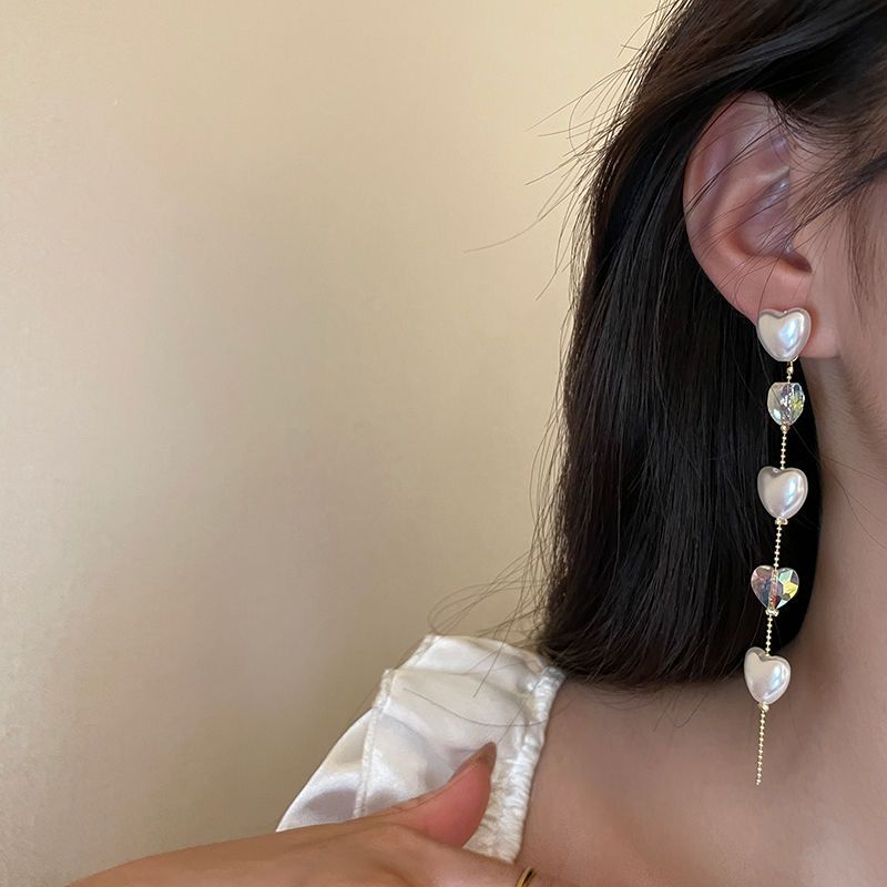 水晶珍珠爱心长款流苏耳环年新款小众设计感高级独特耳饰女