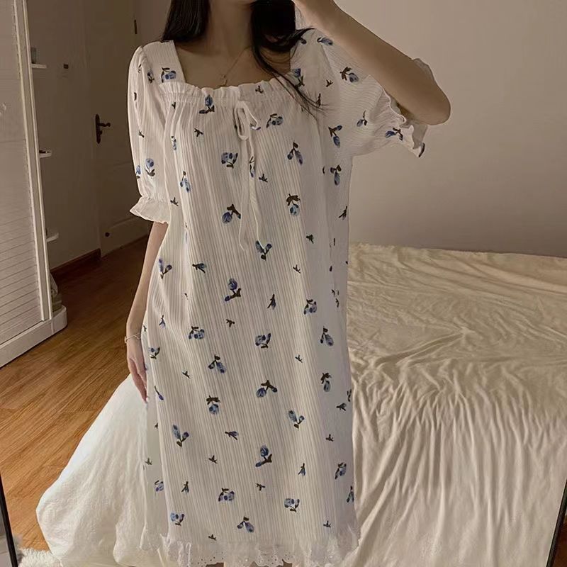Ins style floral pajamas women's summer sweet nightdress short-sleeved thin section net red princess style student outerwear dress