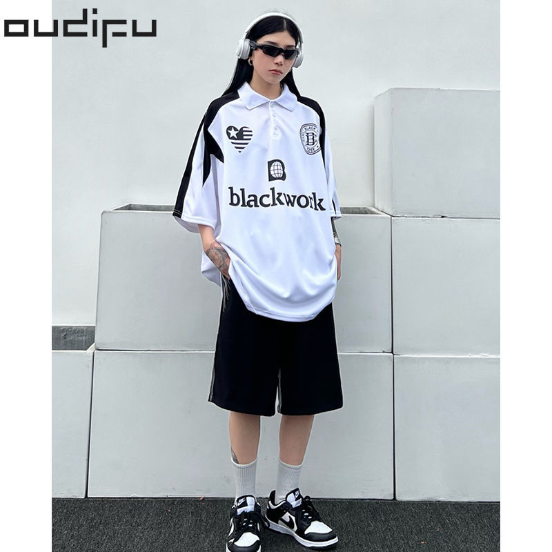 OUDIFU 美式潮牌polo领T恤女设计感ins潮欧美复古棒球服短袖情侣