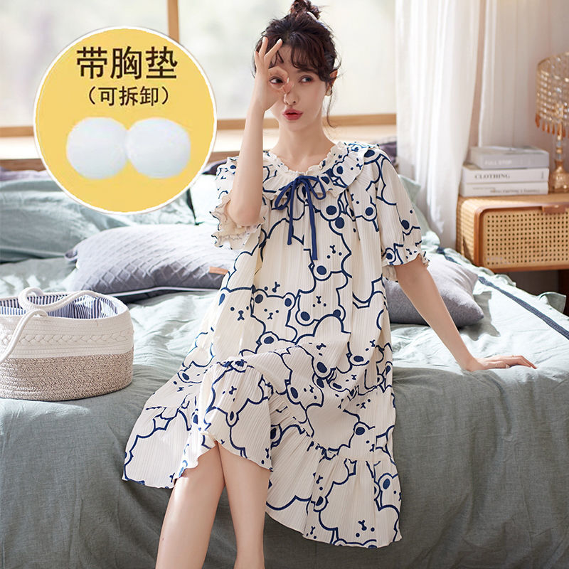 帶胸墊睡裙薄款夏天純棉短袖長款過膝學生韓版寬鬆胖MM可外穿睡衣