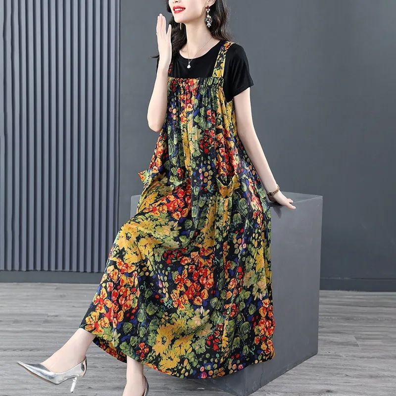 This year's popular dress plus size fat mm thin new floral skirt summer lady suit suspenders long skirt