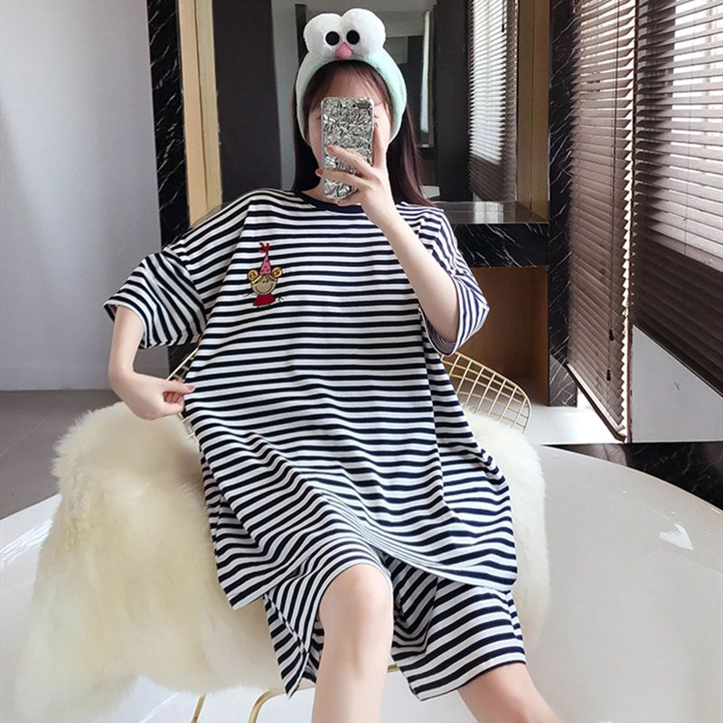 Fat mm2-300 catties pajamas women's striped cartoon cute casual home clothes can be worn outside short-sleeved shorts suit women