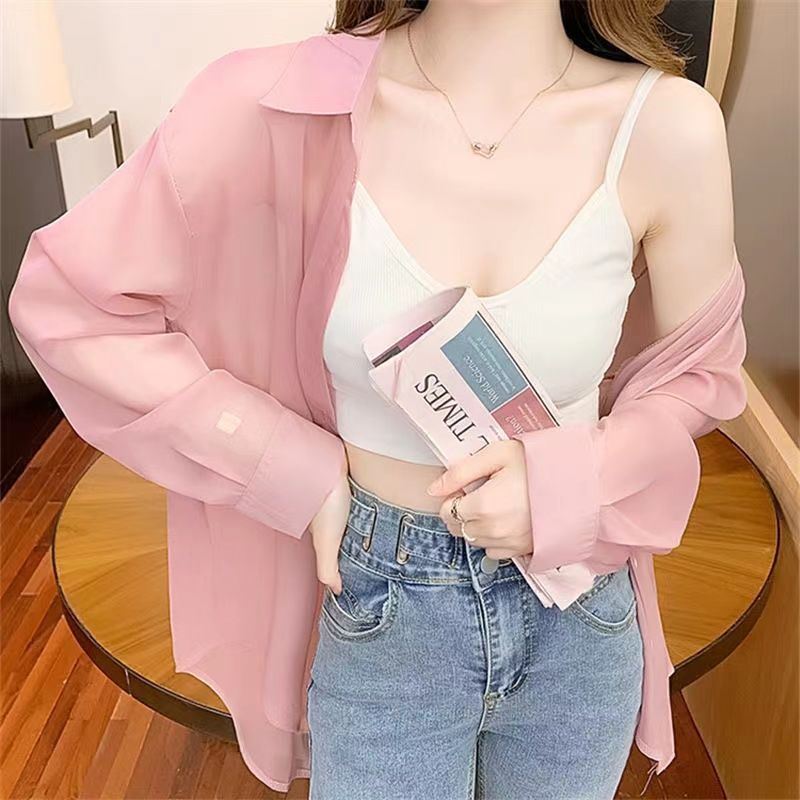 Plus size women's summer chiffon shirt  summer new trend thin section top temperament all-match sunscreen shirt