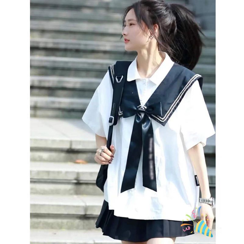 Summer college style uniform jk white short-sleeved shirt female top loose shirt Japanese black pleated skirt suit