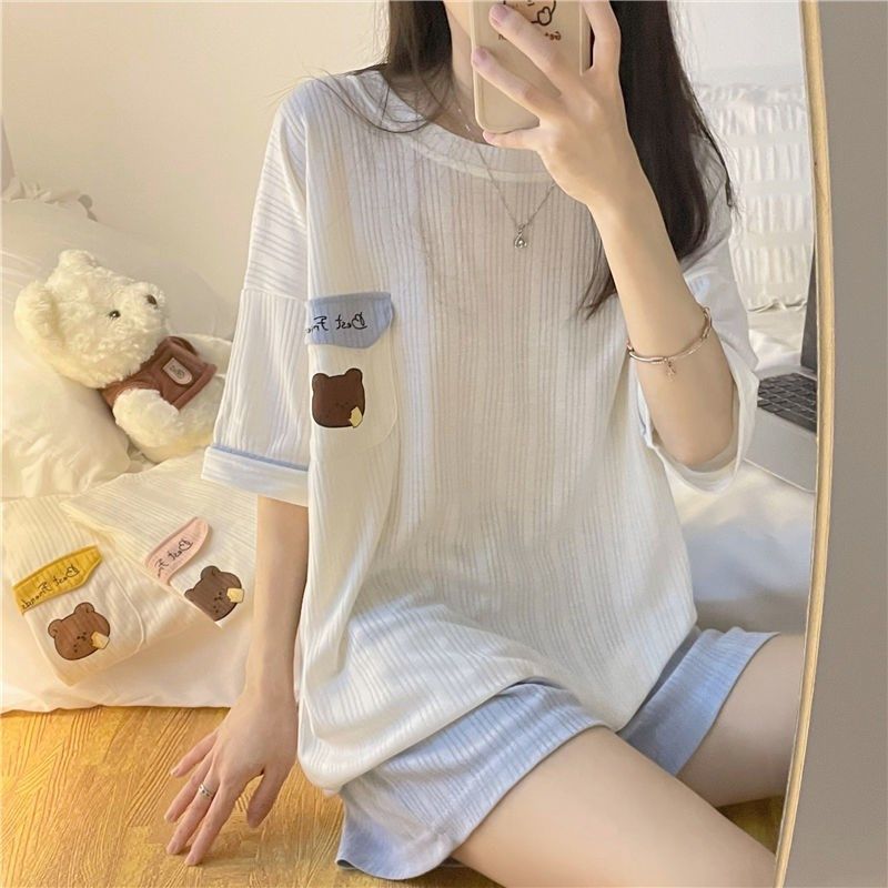 Pajamas women's summer thin section short-sleeved suit cute cartoon student loose version plus size home service can be worn outside summer