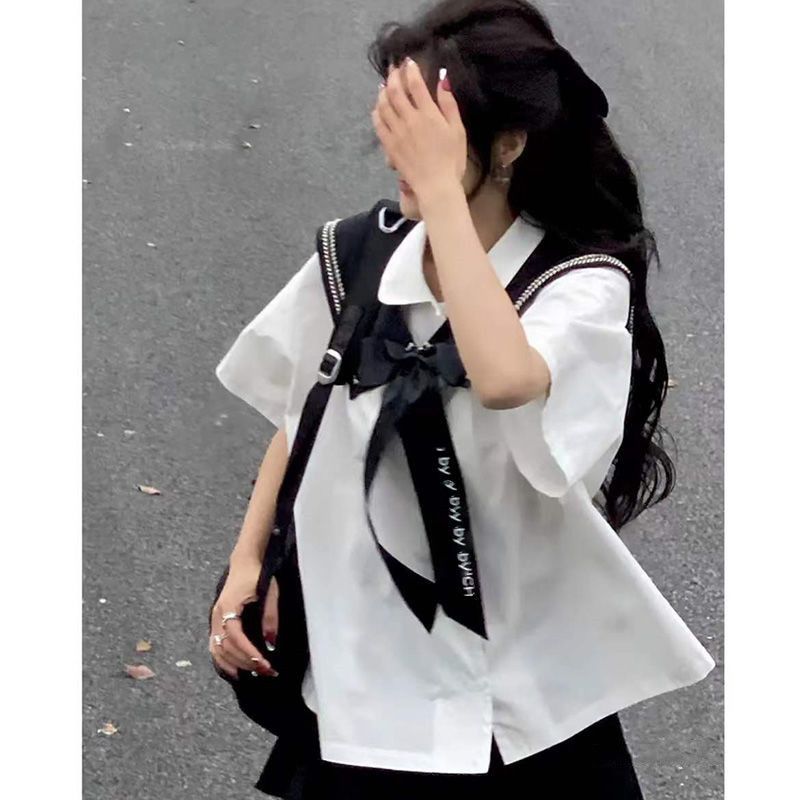 Summer college style uniform jk white short-sleeved shirt female top loose shirt Japanese black pleated skirt suit