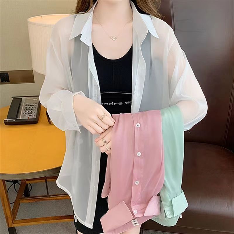 Plus size women's summer chiffon shirt  summer new trend thin section top temperament all-match sunscreen shirt