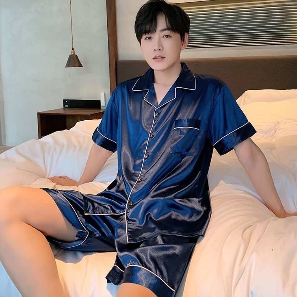 2022 new ice silk pajamas men's summer short-sleeved thin imitation silk men's casual large size homewear suit summer