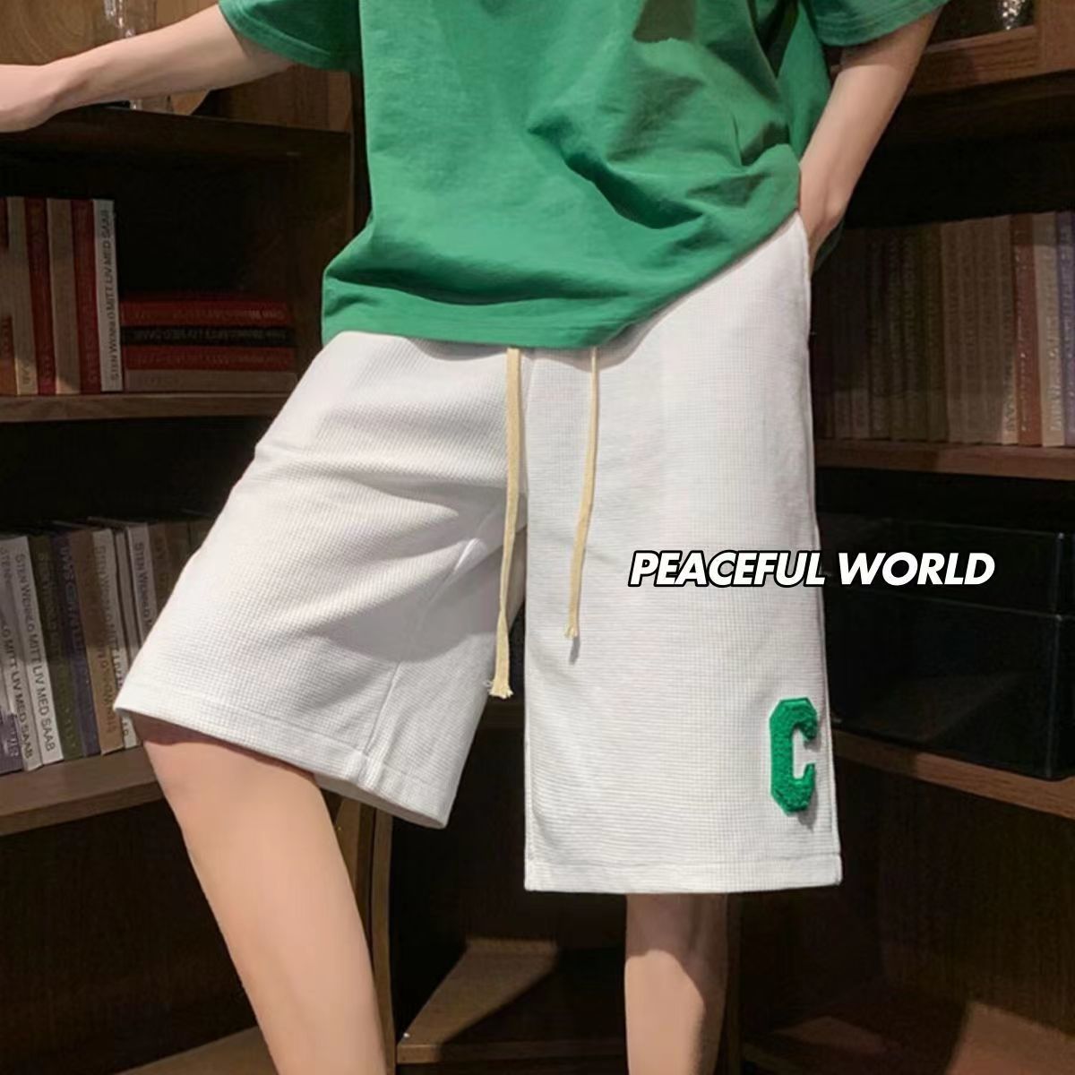 Waffle shorts men's summer thin section loose all-match trendy outerwear embroidery five-point pants running sports casual pants