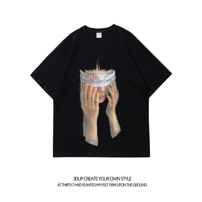 100%純棉夏季潮牌人像印花短袖T恤男女街頭hiphop情侶寬鬆半袖tee