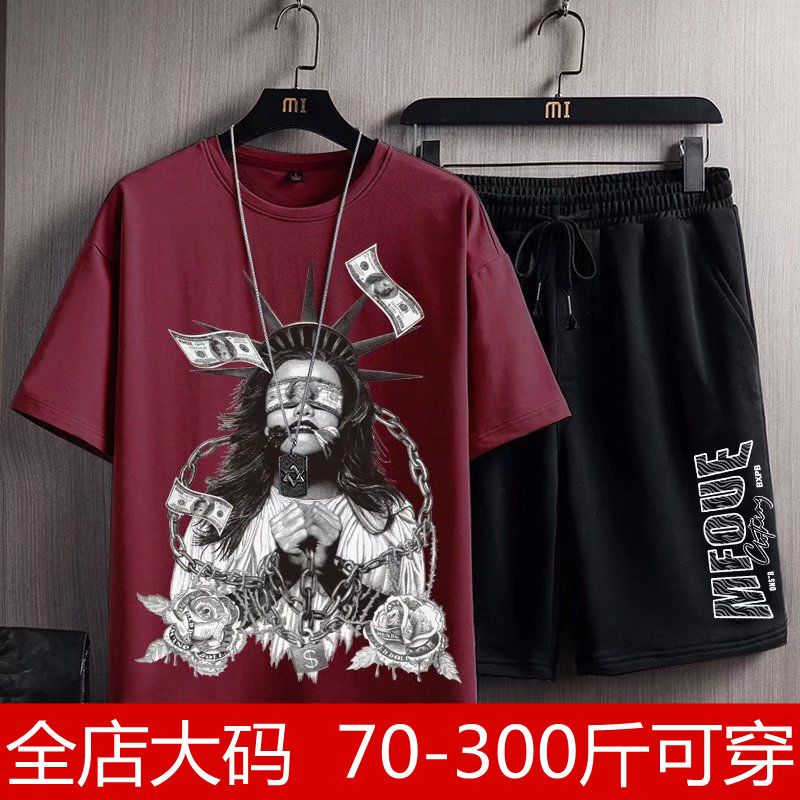 300 catties summer lazy all-match casual suit trend summer fat man ins Harajuku shorts t-shirt two-piece set