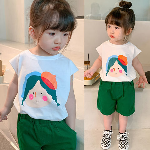 Girls sleeveless vest cotton t-shirt summer thin section short-sleeved top baby small and medium children's clothing children's outerwear vest tide