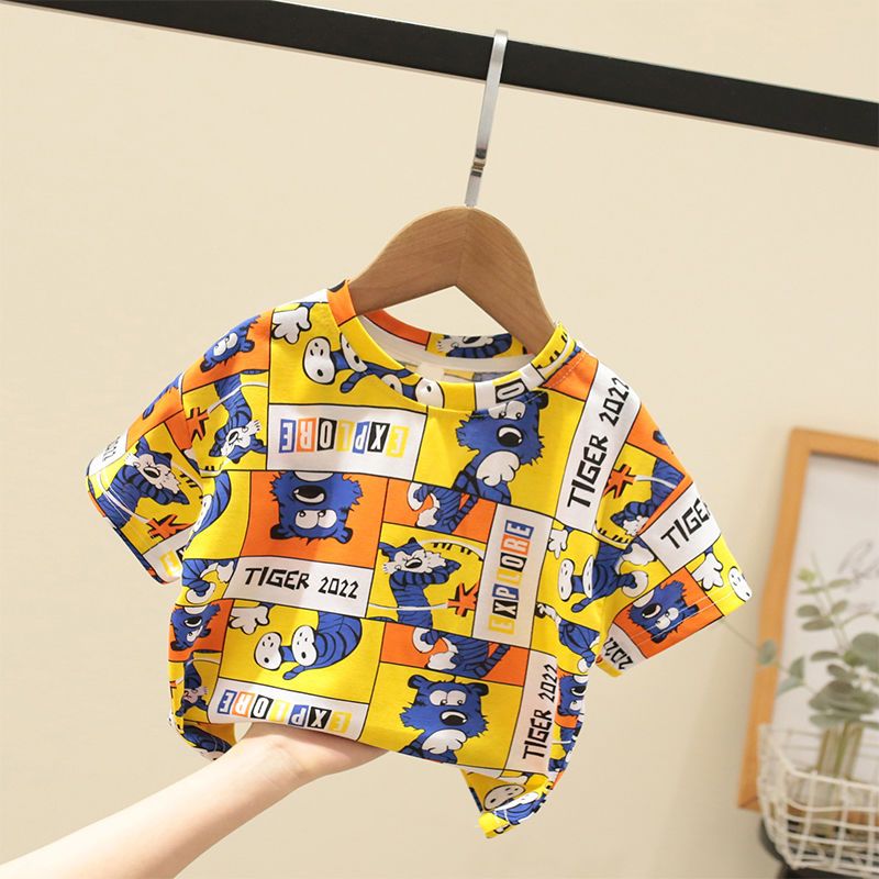 100% cotton children boys and girls 2023 summer new cartoon tie-dye quick-drying breathable short-sleeved T-shirt top