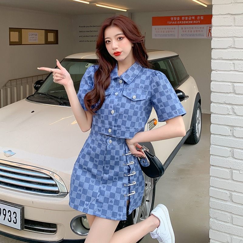 Large size fat MM fried street age reduction suit summer sweet cool hot girl style houndstooth short top skirt two-piece set